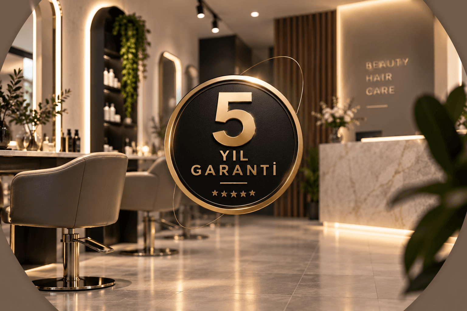 5 yıl garanti rozetiyle anahtar teslim tasarlanmış modern bir güzellik salonu